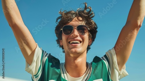 Joyful young man with curly hair and sunglasses celebrating outdoors under clear blue sky, wearing green and white striped shirt, arms raised in excitement. photo