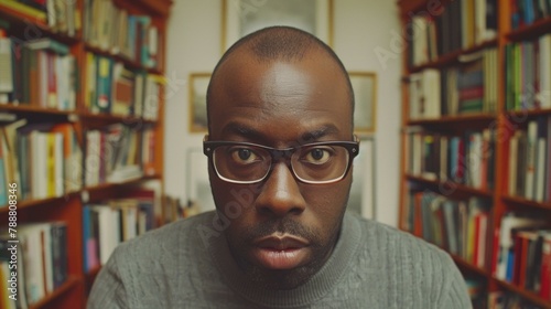 Engaged African American man in glasses, surrounded by vibrant bookshelves, wearing gray sweater, conveying thoughtful academic atmosphere.