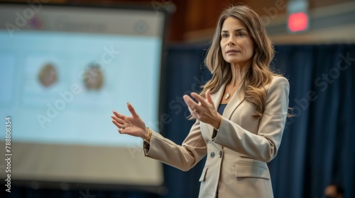 Elegant professional woman delivering presentation at business conference, dressed in beige suit, engaging audience with persuasive gestures, educational and leadership theme. Copy space.