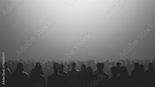 Majestic monochrome silhouette of numerous people gazing toward glowing light, evoking themes of hope, unity, and collective contemplation. Copy space.