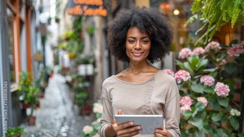 Beautiful smiling biracial woman with tablet walking through flower-lined urban alley, vibrant pink blooms enhance relaxed city life mood, technology in everyday use.