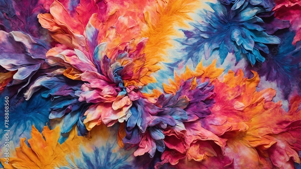 Explosion of colors captures eye in this image, presenting abstract dance of hues in form of blooming flowers. Each flower painted with meticulous care.