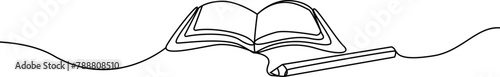 Open book with flying pages one line. Back to school theme. One line drawing of open text book for study. Continuous line drawing of open book.Library, education, school, study,book.