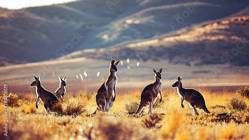 Outback Ballet: A Group of Kangaroos Hopping Across an Australian Landscape, Nature's Dance in the Wild photo