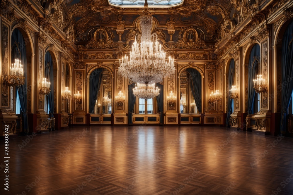 A Grandiose Display of Elegance: An Ornate Ballroom with Crystal Chandeliers, Gilded Mirrors, and Intricate Parquet Flooring