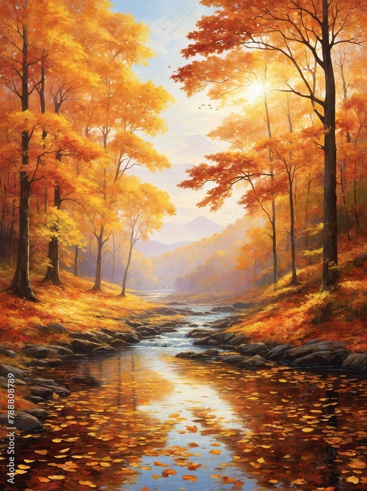 Golden leaves, kissed by autumn sun, cascade gently from towering trees that line serene, tranquil stream. Water, reflecting fiery hues of fall.