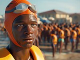 A man in an orange swim cap and goggles stands in front of a group of people in orange swimsuits