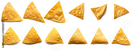 triangular golden Mexican tortilla chips isolated on a white background,  generative AI