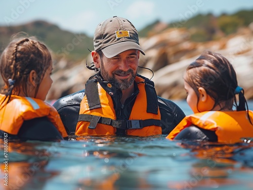 A man is in the water with two children in orange life jackets. The man is smiling and he is enjoying the moment with the children