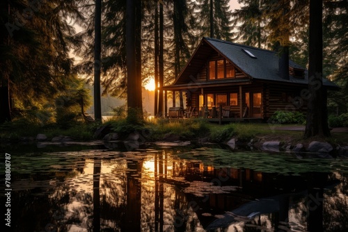 A Rustic Fishing Cabin Nestled in the Heart of a Dense Forest, Illuminated by the Soft Glow of a Setting Sun