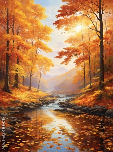 Golden leaves, kissed by autumn sun, cascade gently from towering trees that line serene, tranquil stream. Water, reflecting fiery hues of fall.
