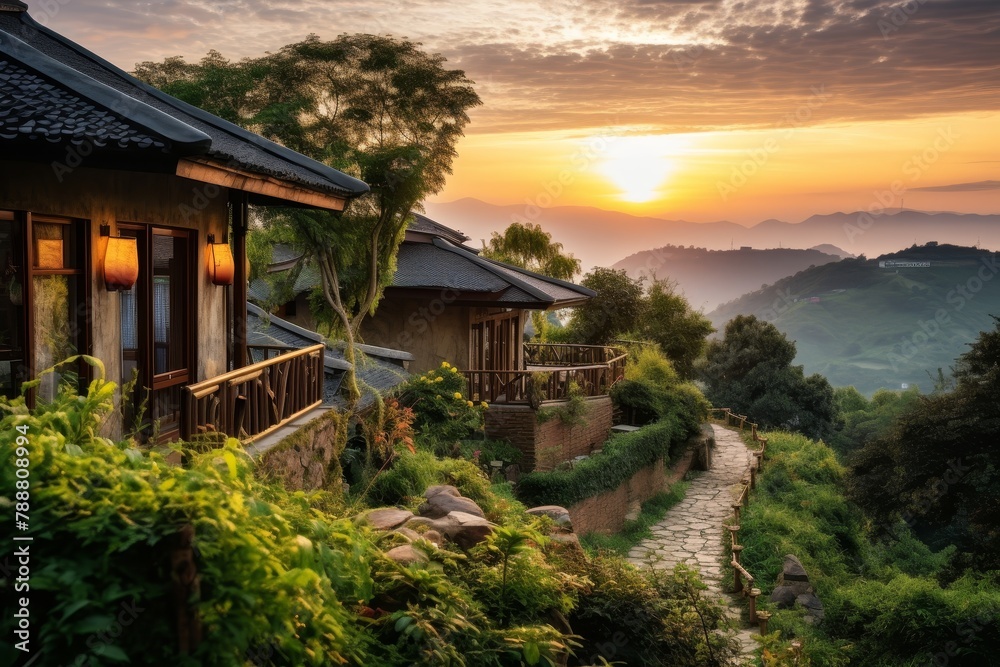 A Tranquil Scene of Quaint Hillside Cottages Nestled Among Lush Greenery with a Serene Sunset Backdrop