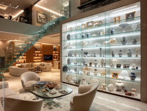 A large room with a glass wall and a glass shelf with many vases on it. The room has a modern and elegant feel to it photo