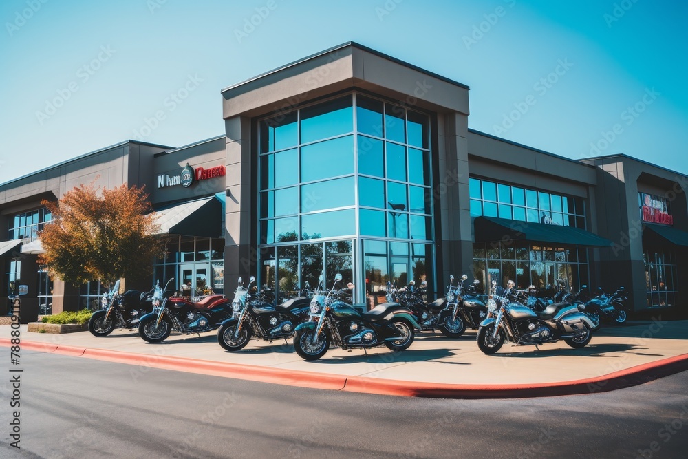 Obraz premium A Vibrant Motorcycle Dealership with Various Models Displayed Out Front Under a Clear Blue Sky