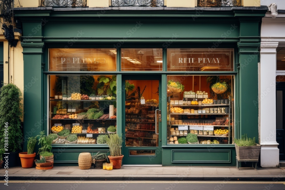 A Vibrant Health Food Store Facade Promoting Vegan Products with Colorful Banners and Window Displays