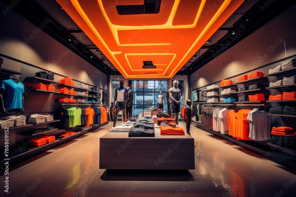 A Vibrant Athletic Wear Shop in the City Center, Catering to Fitness Enthusiasts with a Wide Range of Sportswear and Equipment