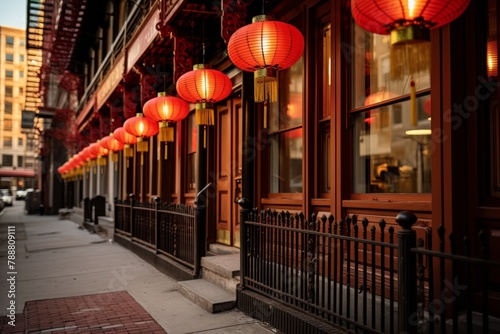 A Bustling Asian Cuisine Restaurant Illuminated by Traditional Red Lanterns, Nestled in a Historic Building