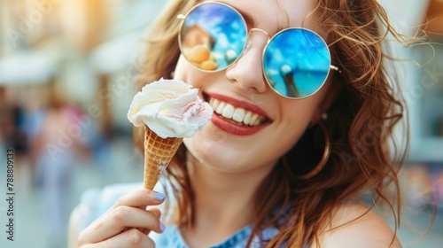 Outdoor closeup fashion portrait of young hipster crazy girl eating ice cream in summer hot weather in round mirror sunglasses have fun and good mood. Toned style instagram filters.