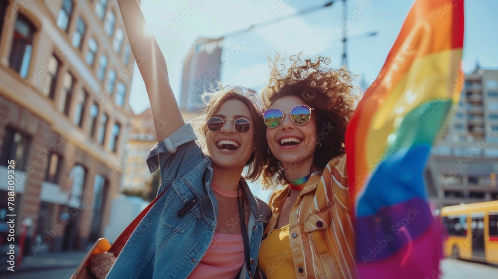 beautiful couples of women in an LGBT march supporting the community with LGBT flags in a march in the street in high resolution and high quality. march concept