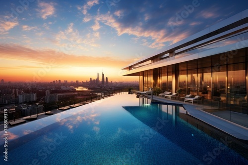 A Luxurious Rooftop Pool on a High-Rise Building Overlooking the Bustling Cityscape at Sunset © aicandy
