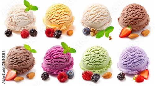 Set of ice cream scoops of different colors and flavours with berries, nuts and fruits decoration on white background  photo