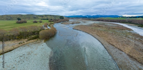 Aerial: Oreti River that flows from the Southern Alps, Mossburn, Southland, New Zealand. photo