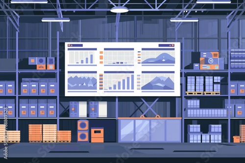 A illustration of a interior storehouse with a large screen showing analytics © LidiaLens