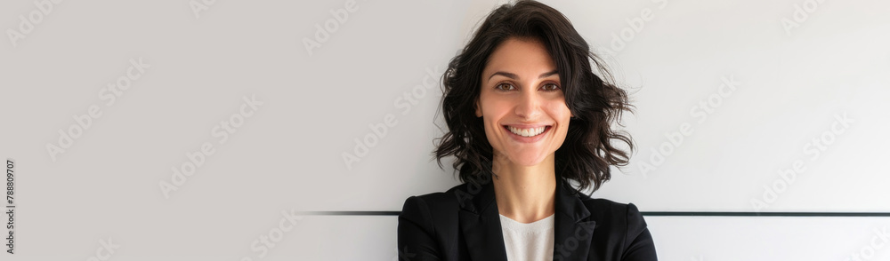 A woman with a smile, wearing a black jacket, leaning against a wall A woman with a smile, wearing a black jacket, leaning against a wall