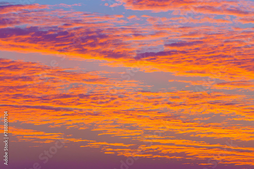 A panoramic view of colourful beatiful evening sky with pink, purple, peach and orange clouds, Doha, Qatar