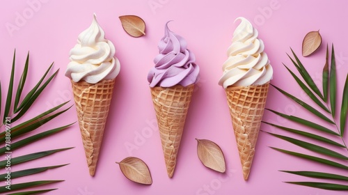 Three different flavor Ice cream cones with topping and palm leaves on pastel pink background. Tropical summer concept. Top view