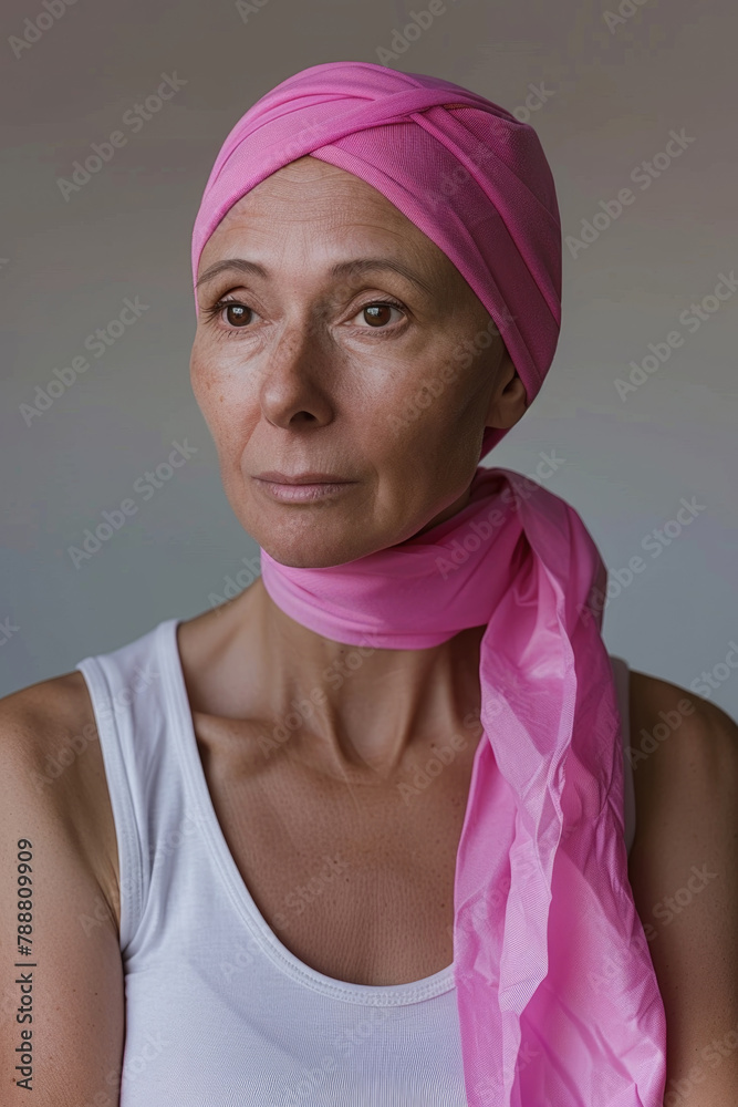 A woman with a pink scarf wrapped around her neck A woman with a pink scarf wrapped around her neck