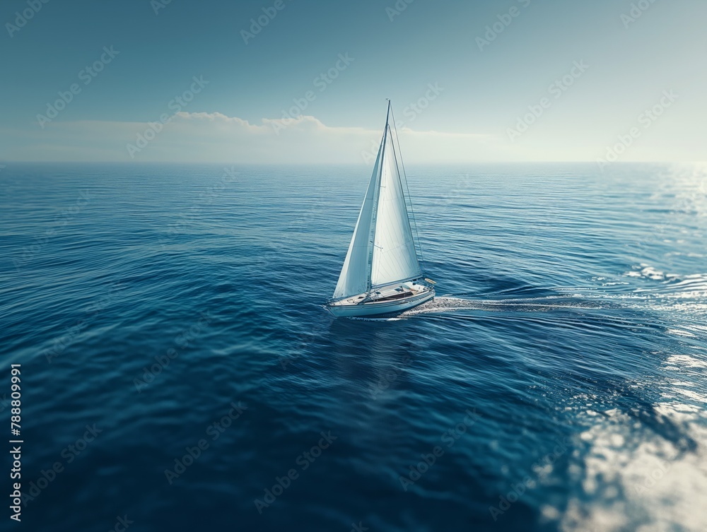 A sailboat is sailing in the ocean. The sky is clear and the water is calm. The boat is the only object visible in the image