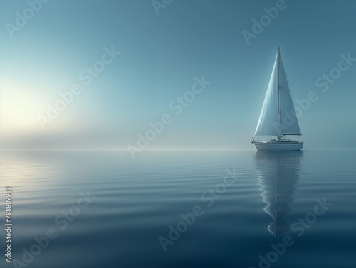 A sailboat is floating on a calm body of water. The sky is blue and the water is still