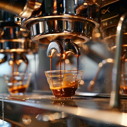 Close-up of Espresso Pouring from Coffee Machine: Professional Coffee Brewing