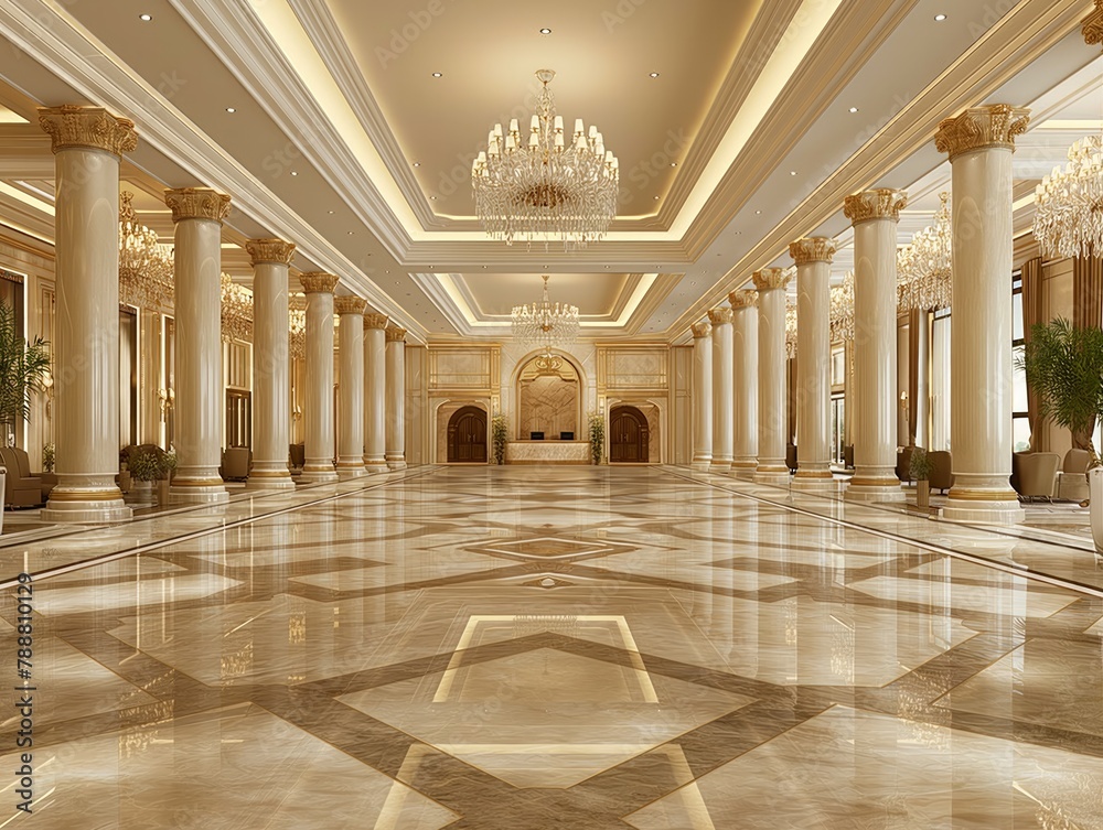 A large, empty ballroom with high ceilings and chandeliers. The room is decorated in gold and white, giving it a luxurious and elegant feel