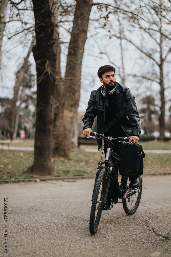 Handsome male entrepreneur with bike ventures outdoors, managing tasks remotely in an urban park setting. Handsome male entrepreneur with bike ventures outdoors, managing tasks remotely in an urban park setting.