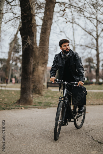 Handsome male entrepreneur with bike ventures outdoors, managing tasks remotely in an urban park setting.