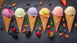 Various of ice cream flavor in cones blueberry ,strawberry ,pistachio ,almond ,orange and cherry setup on dark stone background . Summer and Sweet menu concept