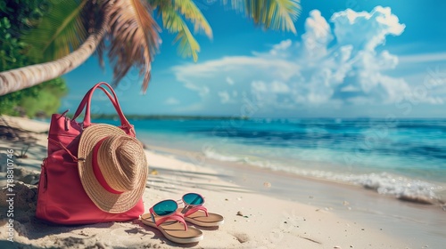 A summer holiday setup including a bag, sunglasses, and flip-flops on a tropical beach photo