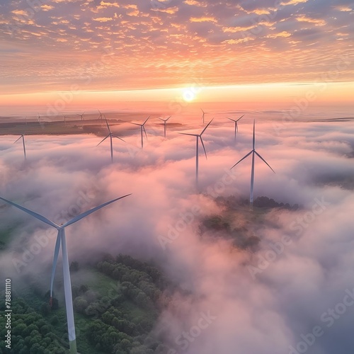 Dawn's Whisper: Wind Turbines in Morning Fog