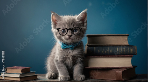 A gray little kitten with glasses sits next to books. Smart cat, reading, blue background