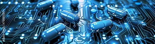 Pills on tech circuit board healthcare innovation