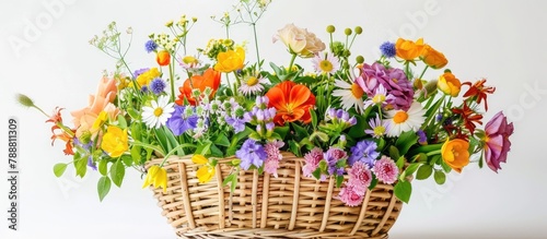 Basket of spring flowers arranged in a white background