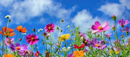 flowerbed with vibrant flowers against a blue sky