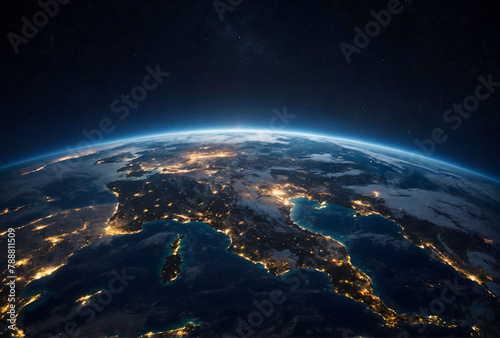 Night of Planet Earth globe from space view with city light of each country on land and sunlight, Galaxy and space concept.