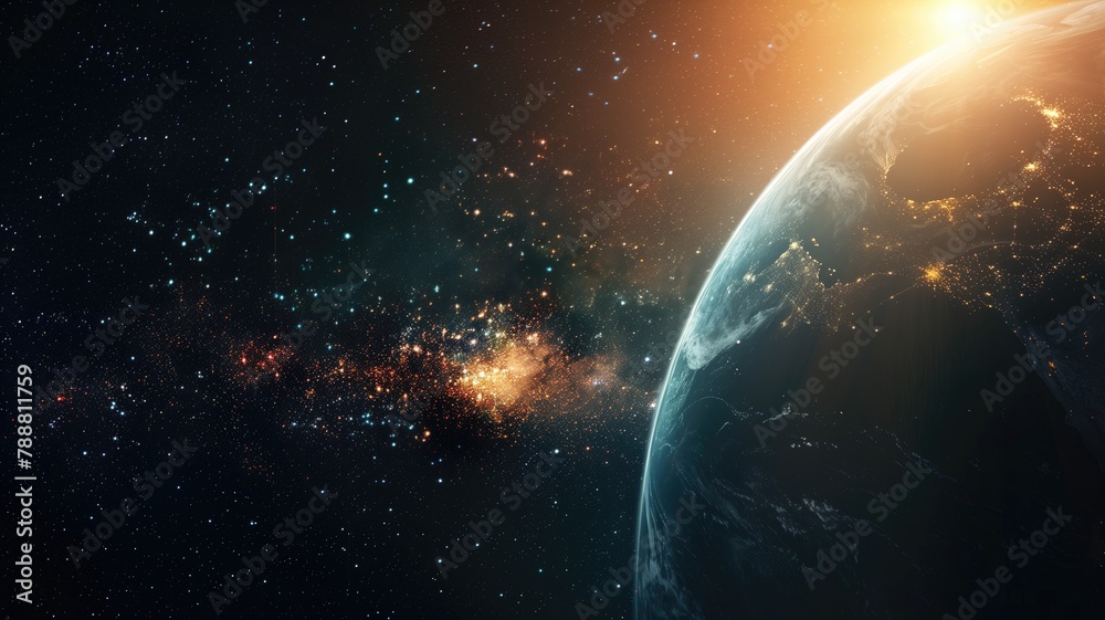 Fototapeta premium Planet Earth from space with sun horizon and starry background