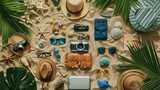 An arrangement of summer vacation accessories laid out on a tropical sandy beach, presenting a flat lay top view of holiday lifestyle objects