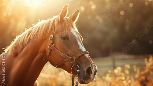 Close-up of chestnut horse with bridle in sunlight photo