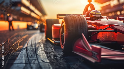 Red single-seater race car on track at sunset