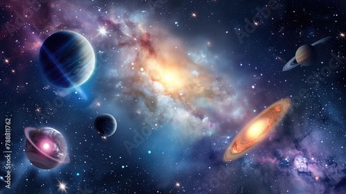 Vibrant depiction of various celestial bodies in colorful outer space setting